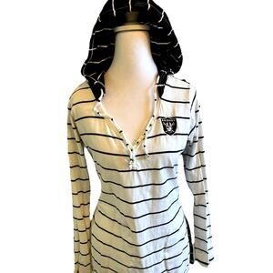 Y2K Raiders women's hooded long-sleeve Henley T-shirt Logo Black White Stripes M